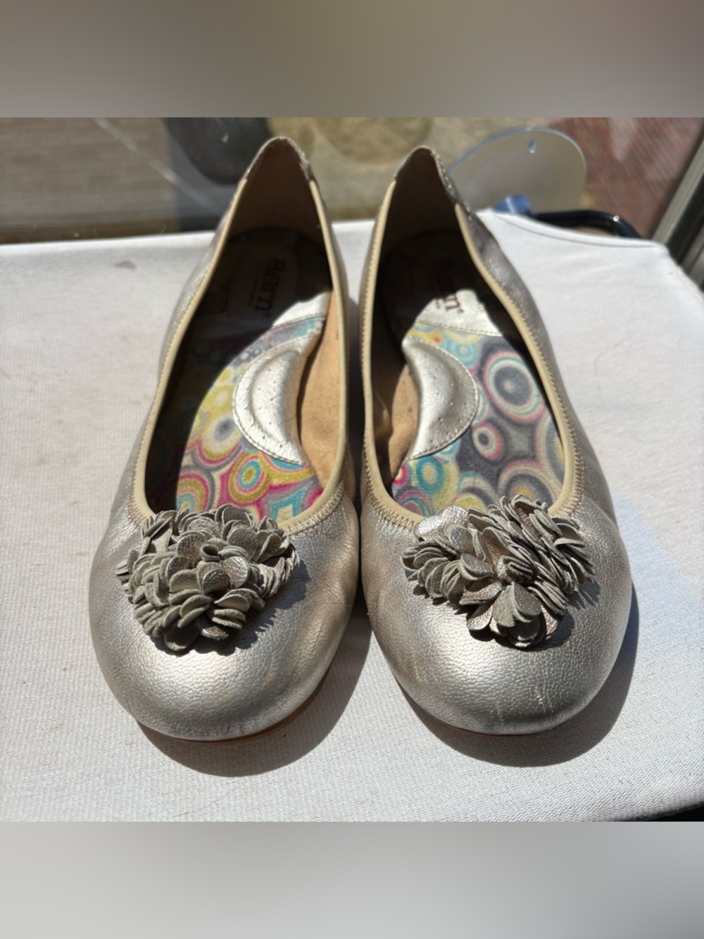 Y2K Born Metallic Leather Ballet Flats with Floral Pom Trim